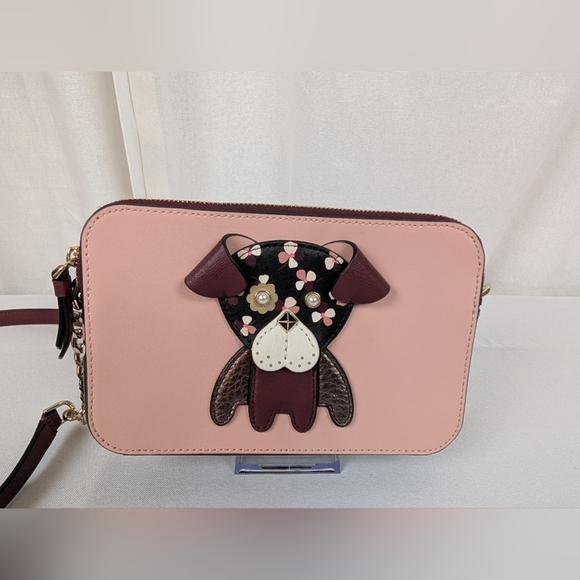 Kate Spade Floral Bulldog Pup Cherrywood Zip Crossbody Novelty Retired NWOT - Picture 1 of 13